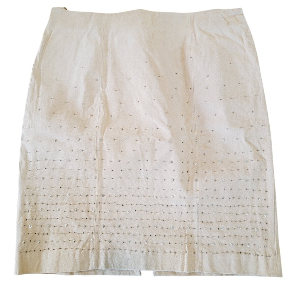 WHBM 16 Silver Studded Leather Skirt Tan Lined Rear Slit & Zip‎ NWT RV $198